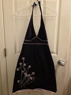 Source Unknown Black Halter Dress with Pink Trim & Floral Embroidery
